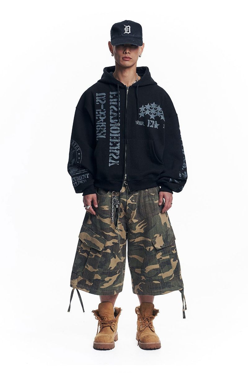 Marine Crack Print Hooded Zip-Up - Black