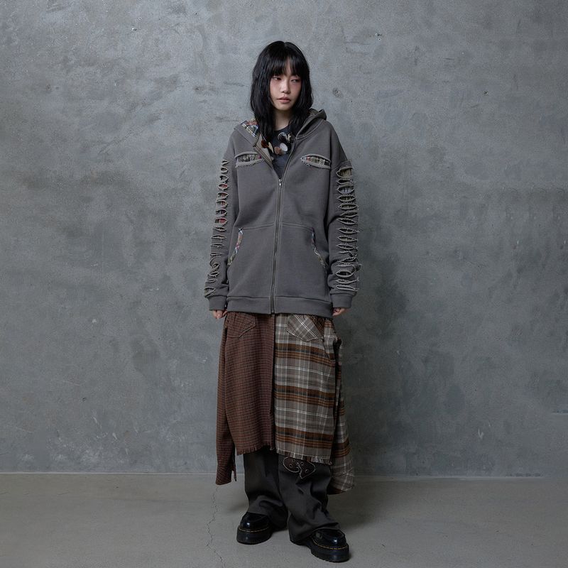 SLASHED CHECK HOODIE: BROWN