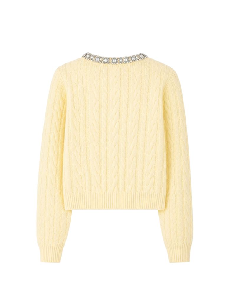 Aria Beads Detail Wool Blended Cable Knit Cardigan Butter