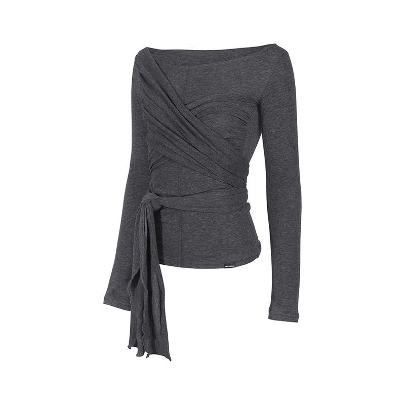 WRAP TIE BOATNECK TOP_Charcoal