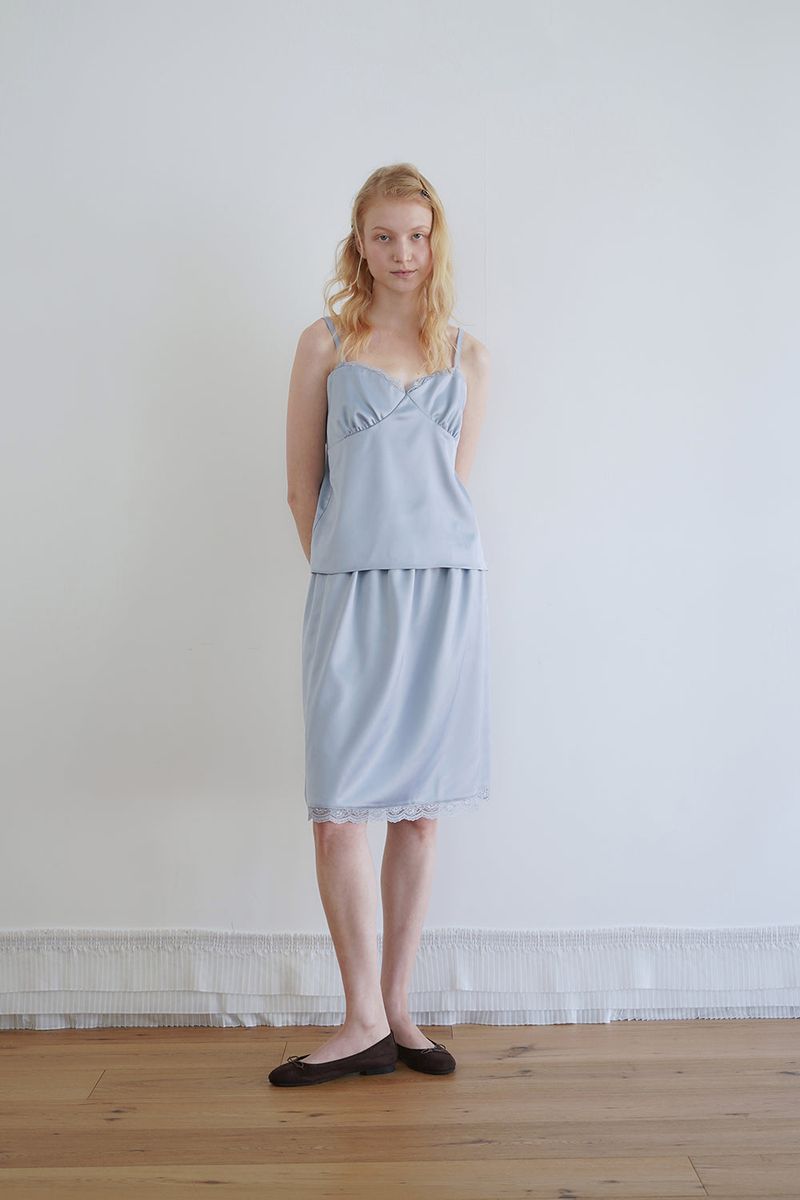 Satin lace top_skyblue