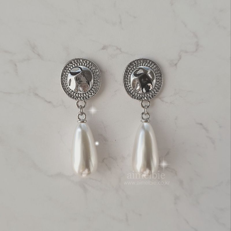 Ethnic Button and Long Pearl Earrings - Silver Color