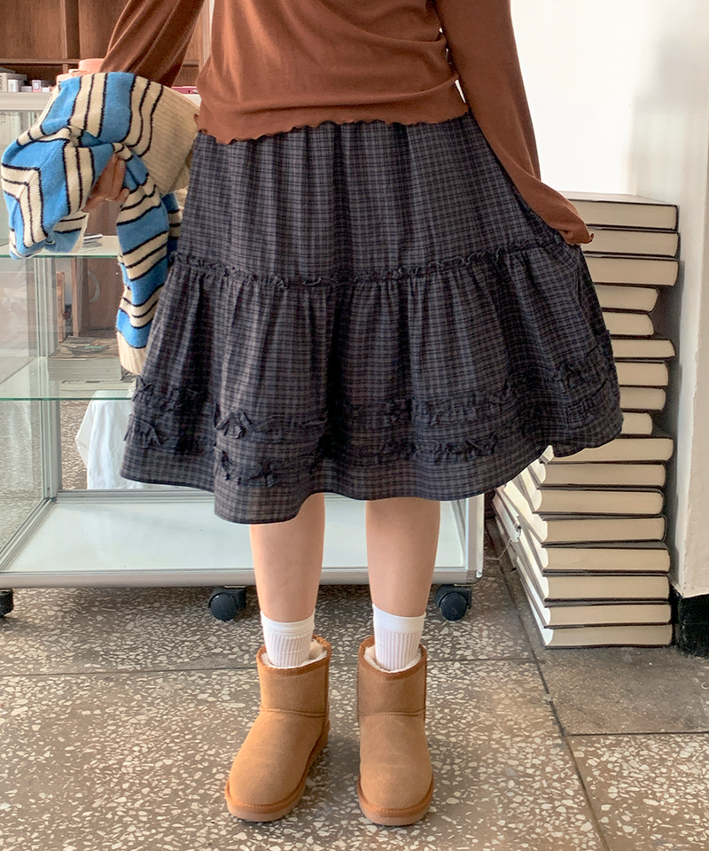 Luen midi checkered skirt Fall layered frill soft fit