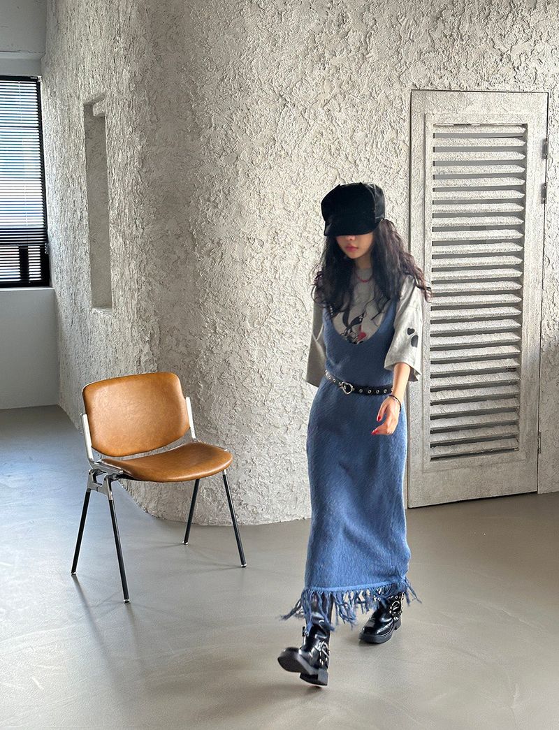 knit fringe bustier long dress