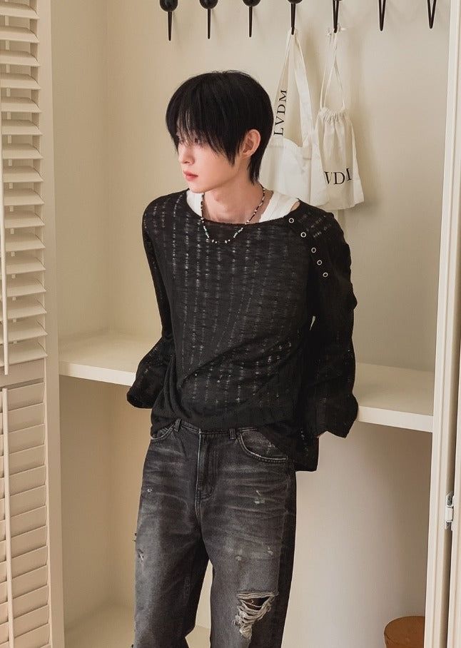 26SS★ [PLAN MADE/MADE] Slant Snap Damaged Knit