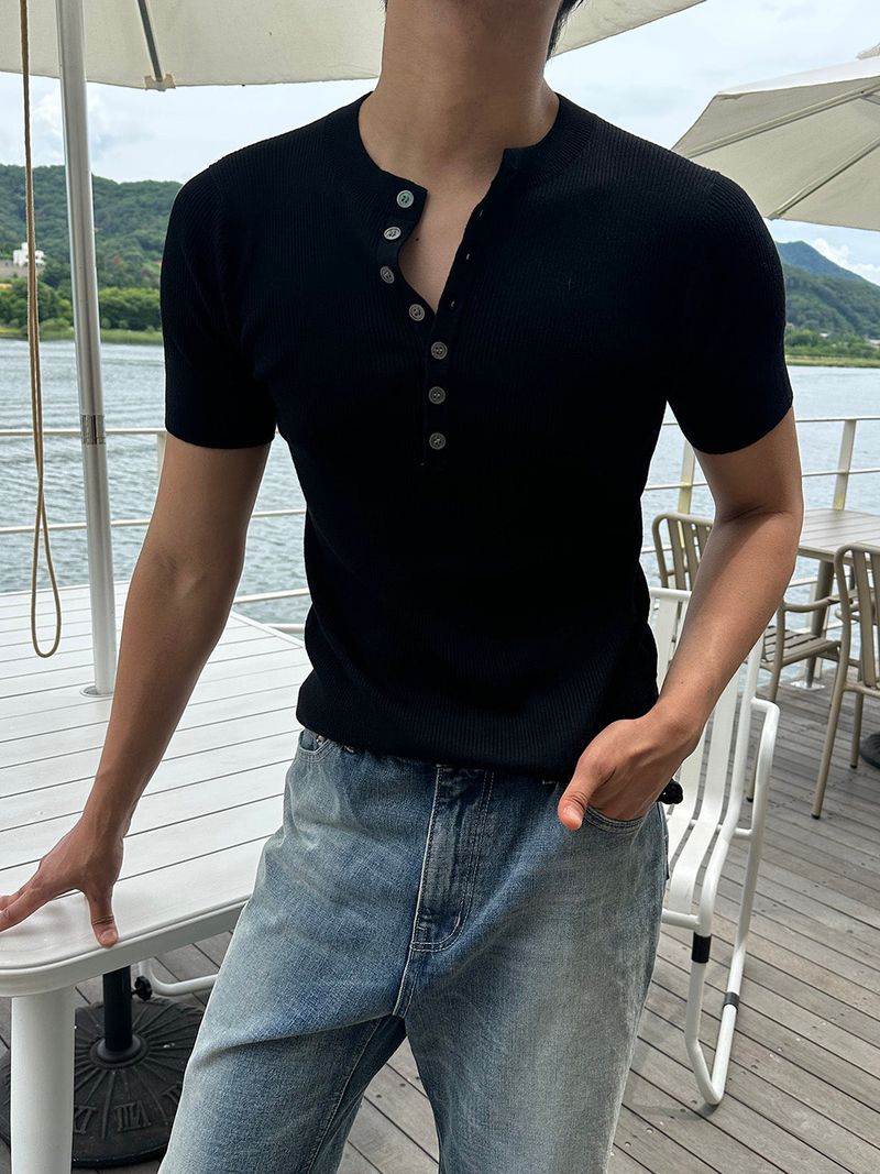 Cashmere muscle henley neck half knit(4color)