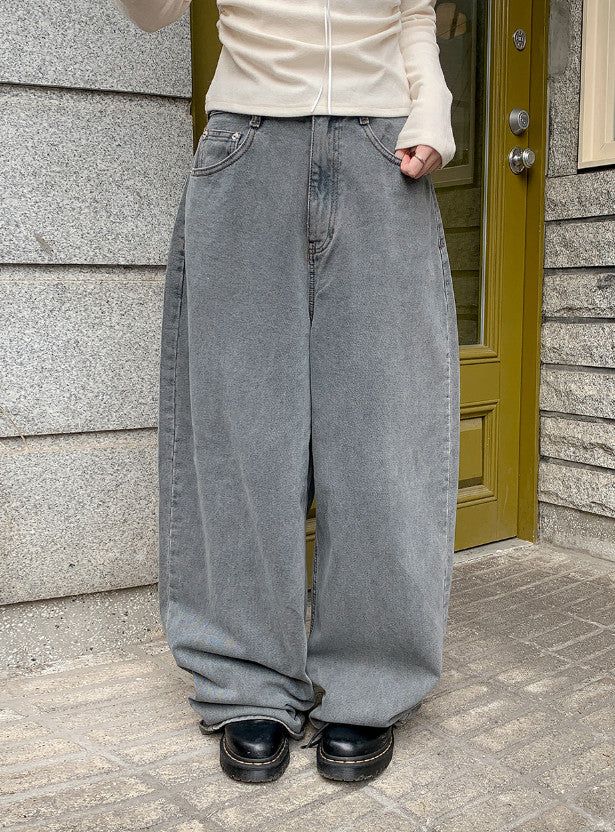 Back Flap Pocket Washed Wide Denim Pants (2color)