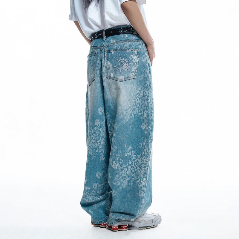 Sun Patch Leopard Balloon Denim Pants - LIGHT BLUE