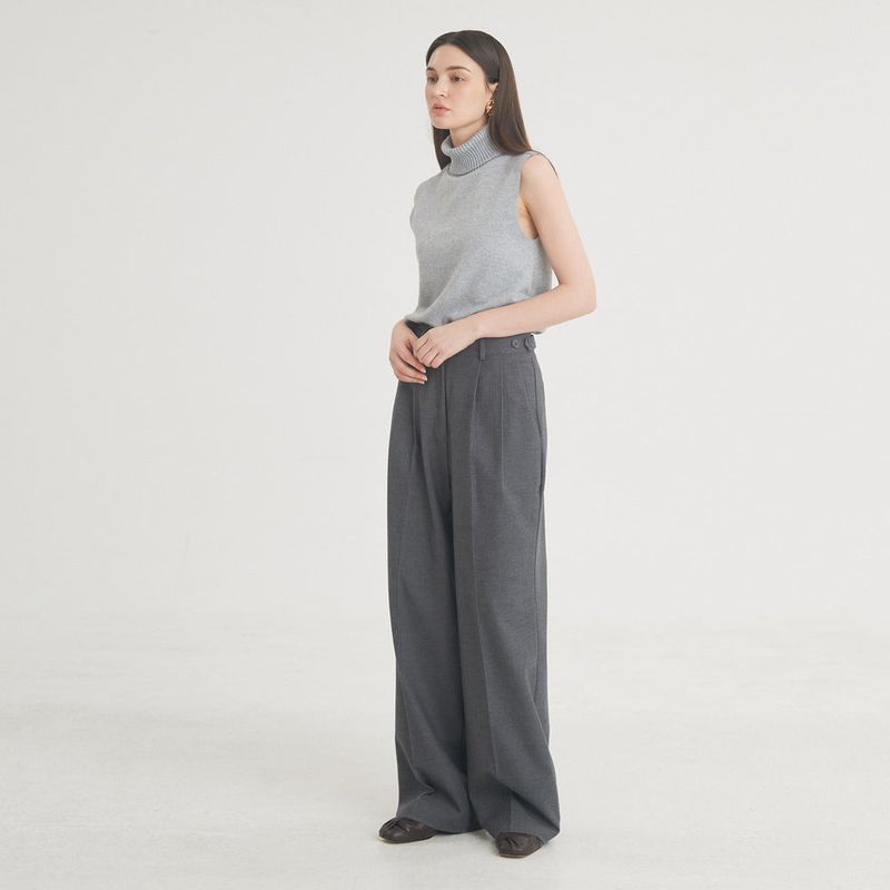 Two-Tuck Button Wide Wool Pants (Charcoal)