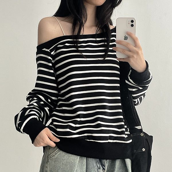 hijjoo（ハイチュー）の「One-shoulder striped sweatshirt, off-shoulder sweatshirt (3 colors)（Tops）」
