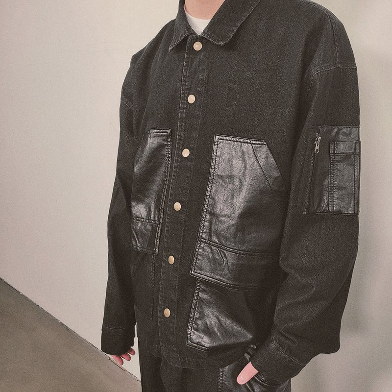faux leather mix denim shirt_black
