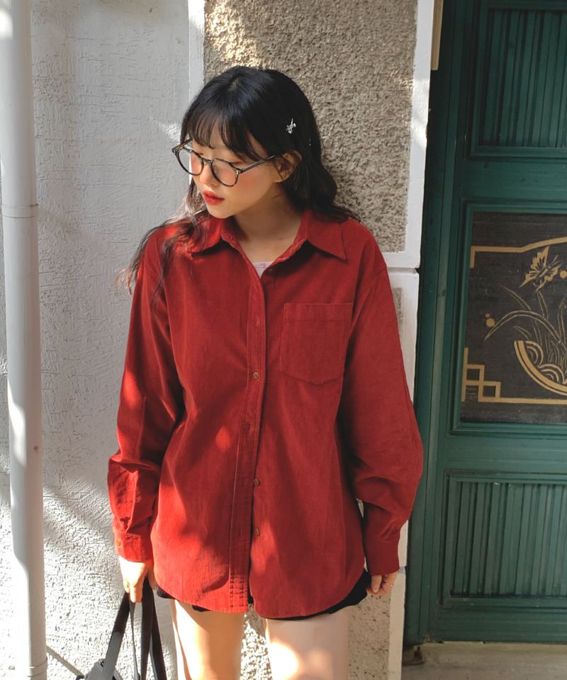 Corduroy Collar Shirt Shirt Blouse Basic Item Cotton