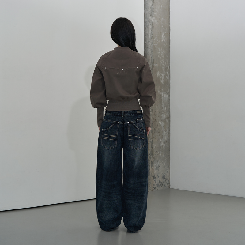 BANDING CROPPED COTTON JACKET (KHAKI BROWN)