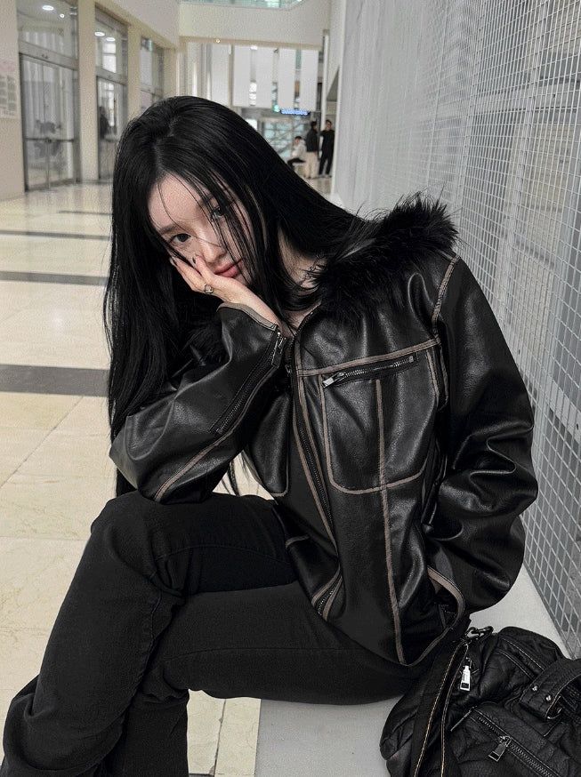 Vintage Noir Leather Zip-up