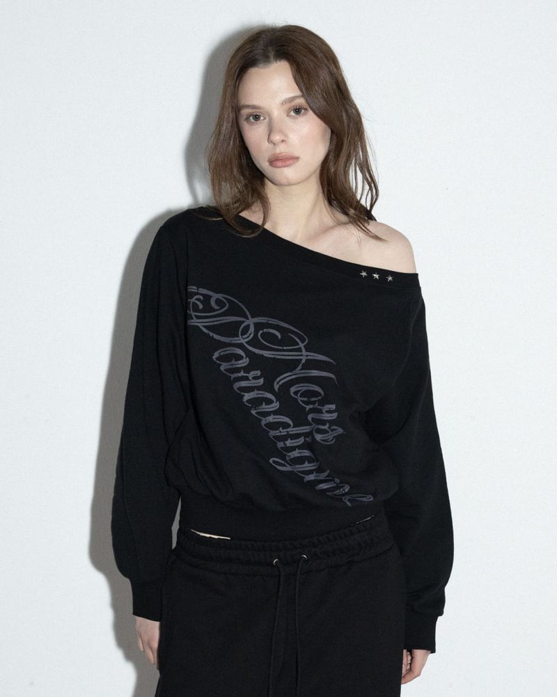 MagoRen SEOUL(マゴレン ソウル)の「Studded One-shoulder Sweatshirt Black(Tops)」