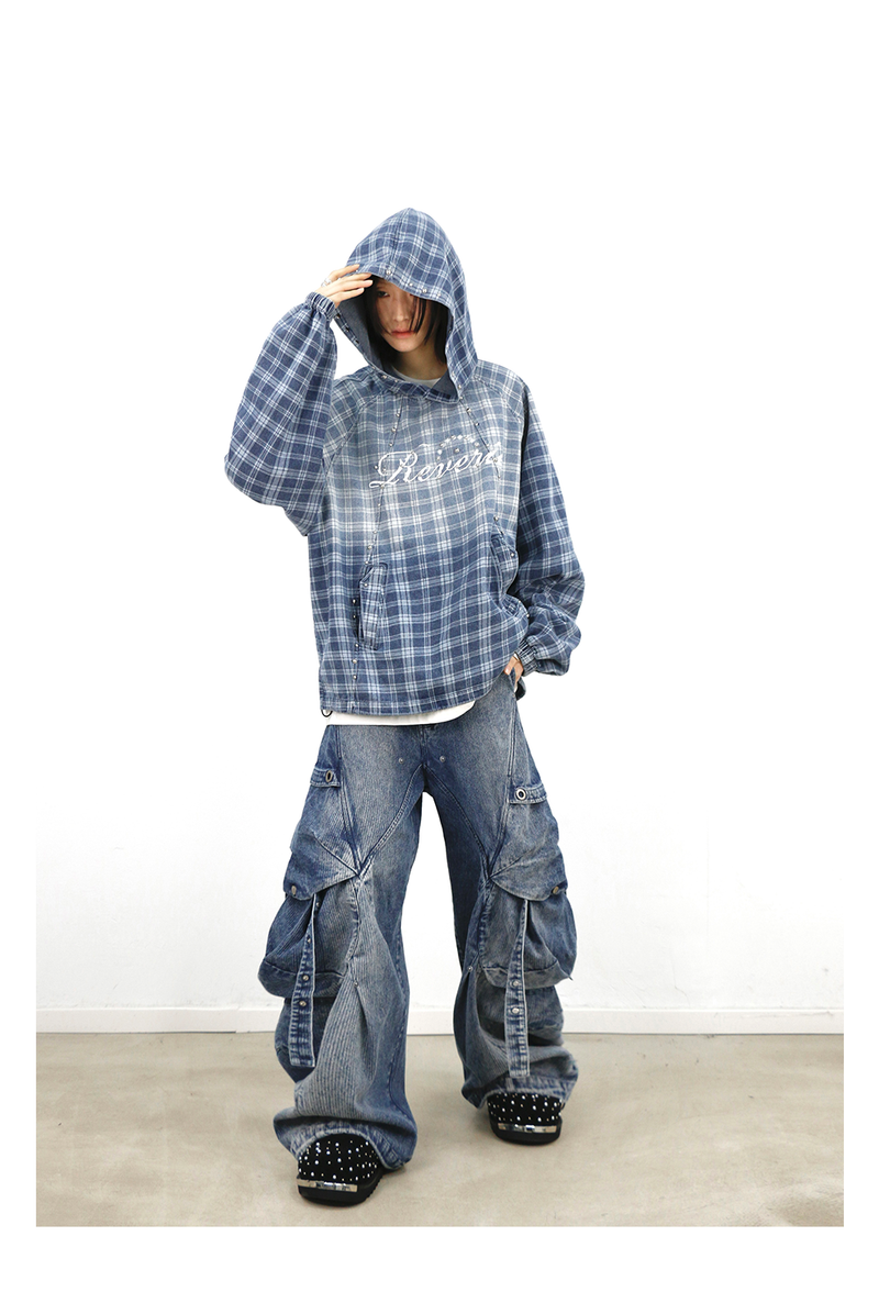 RELABEL (Gemeng) Stud-embellished, printed, gradient-wash checked hooded denim sweatshirt
