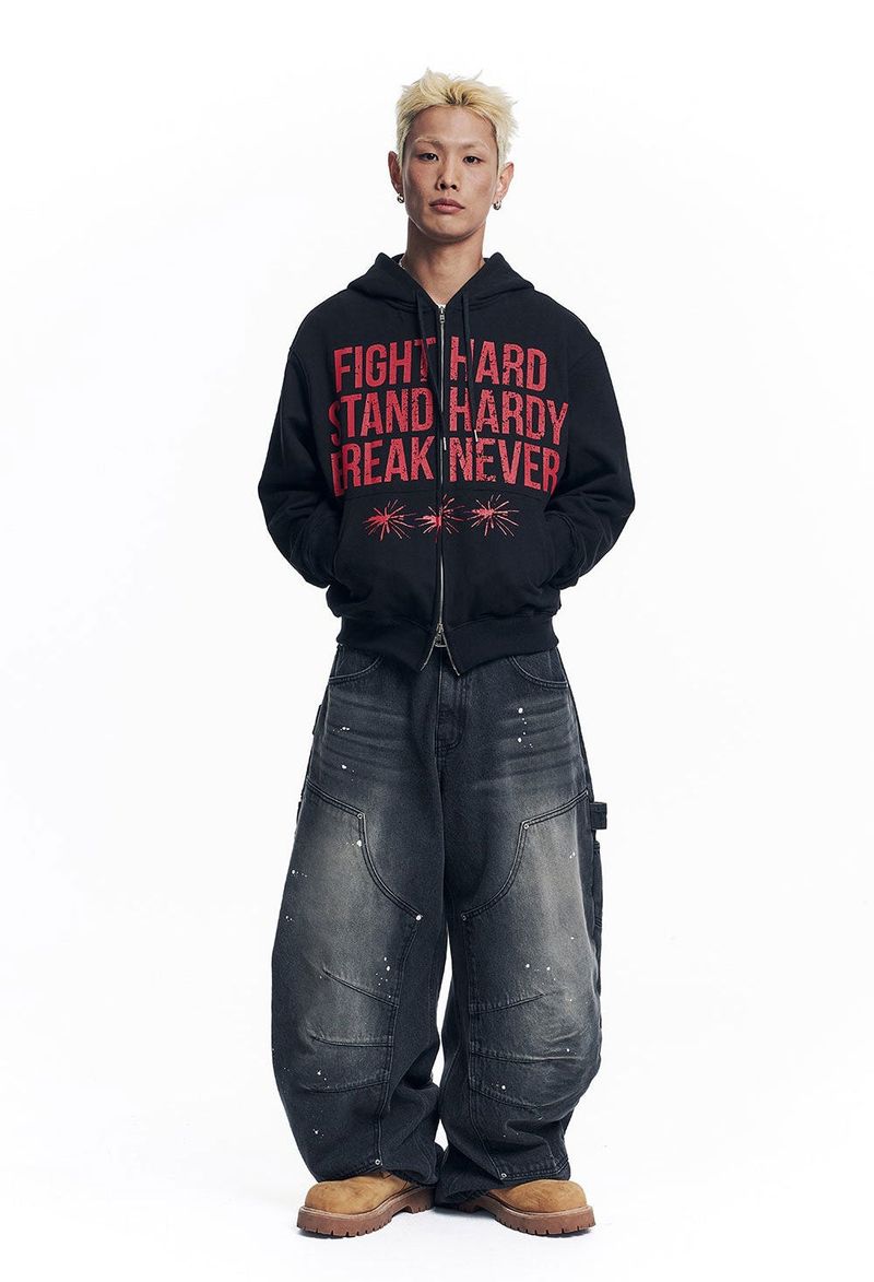 Curved Double Knee Denim Pants - Black