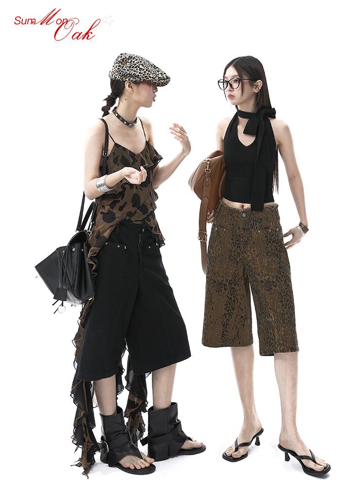 ルーズストレートレッグレッグレオパードローライズデニムショートパンツ (Knee-length/Capri Pants)
