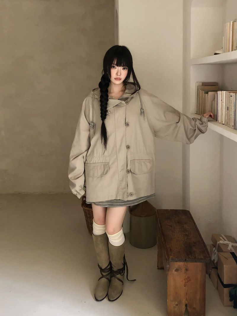 Ike Button High Neck Hooded Field Jacket