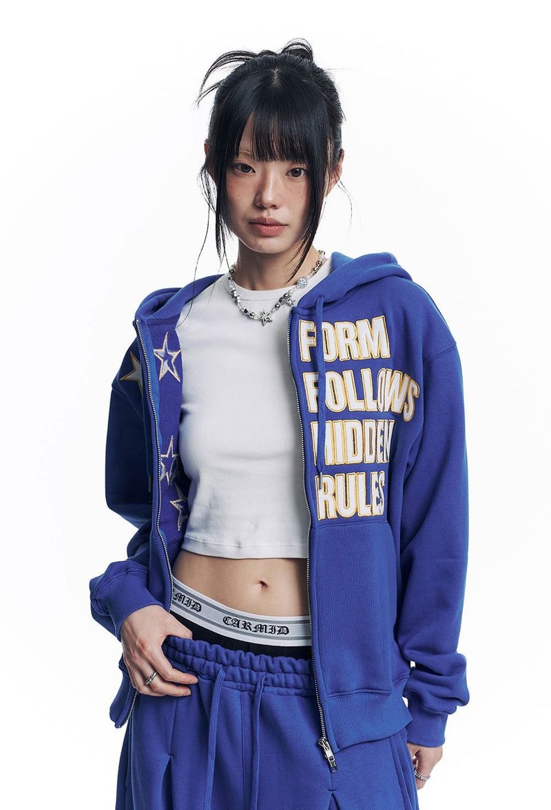 Star Lettering Patch Hoodie Zip-Up - Blue