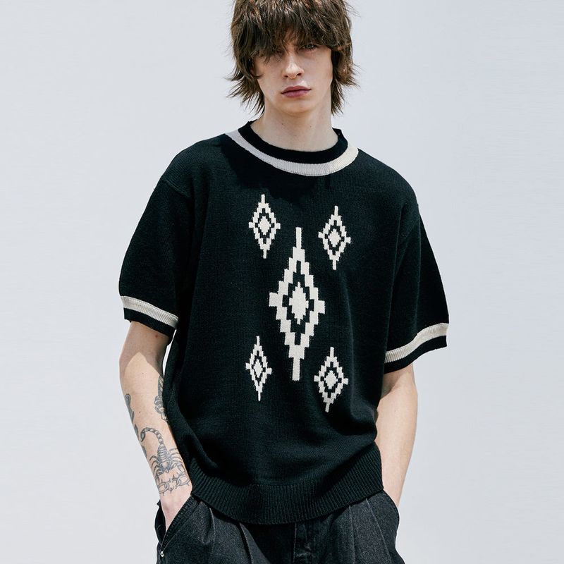NAVAJO PATTERN RINGER HALF KNIT BLACK