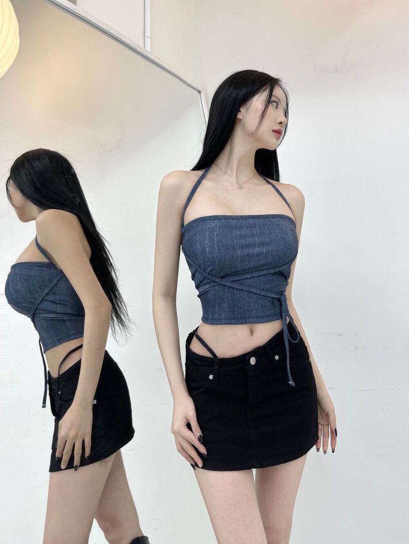 802. Denim free strap top (3color)