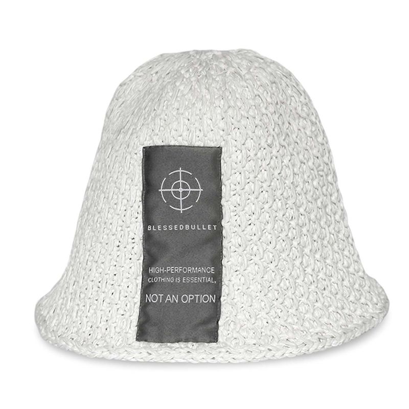Over size long logo knit bucket hat_cold white