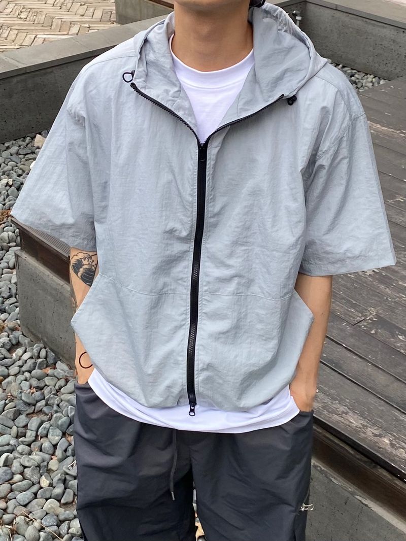 Two Way Nylon Short Sleeve Hooded Zip Up Jacket 3C