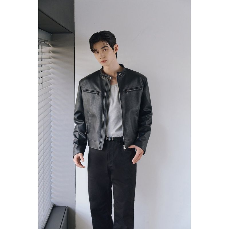 Essential cracked leather biker jacket(Black)