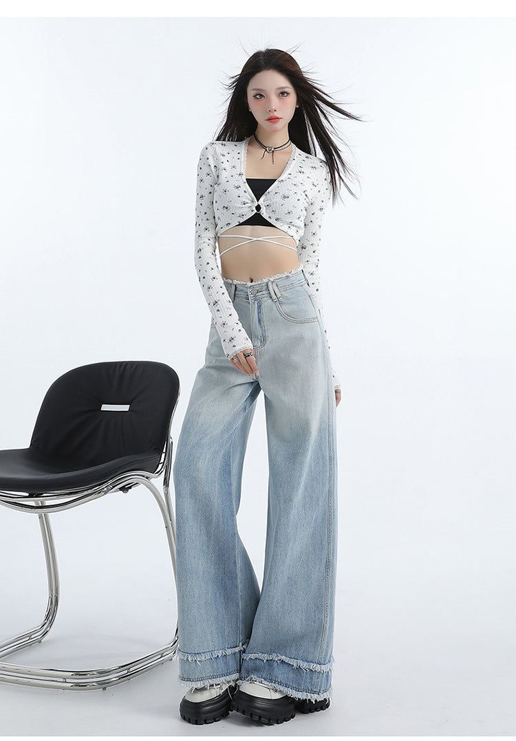 Gradient Blue Raw-Edge Wide-Leg Denim Pants