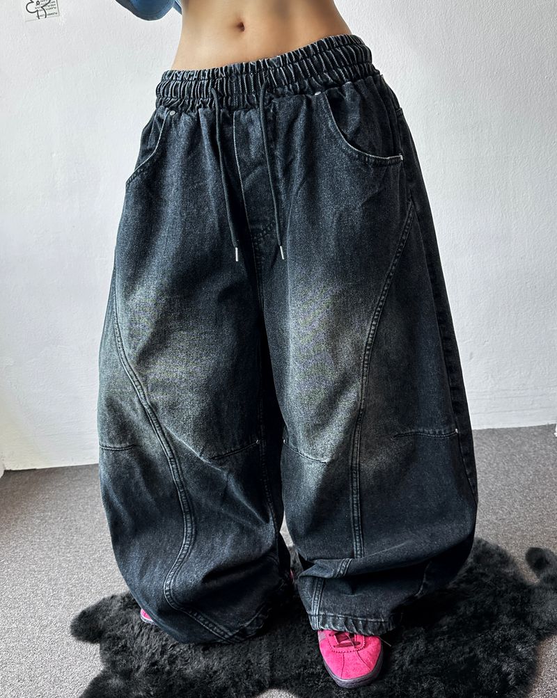Devil Rivet Elastic Waist Balloon Denim Pants 2color