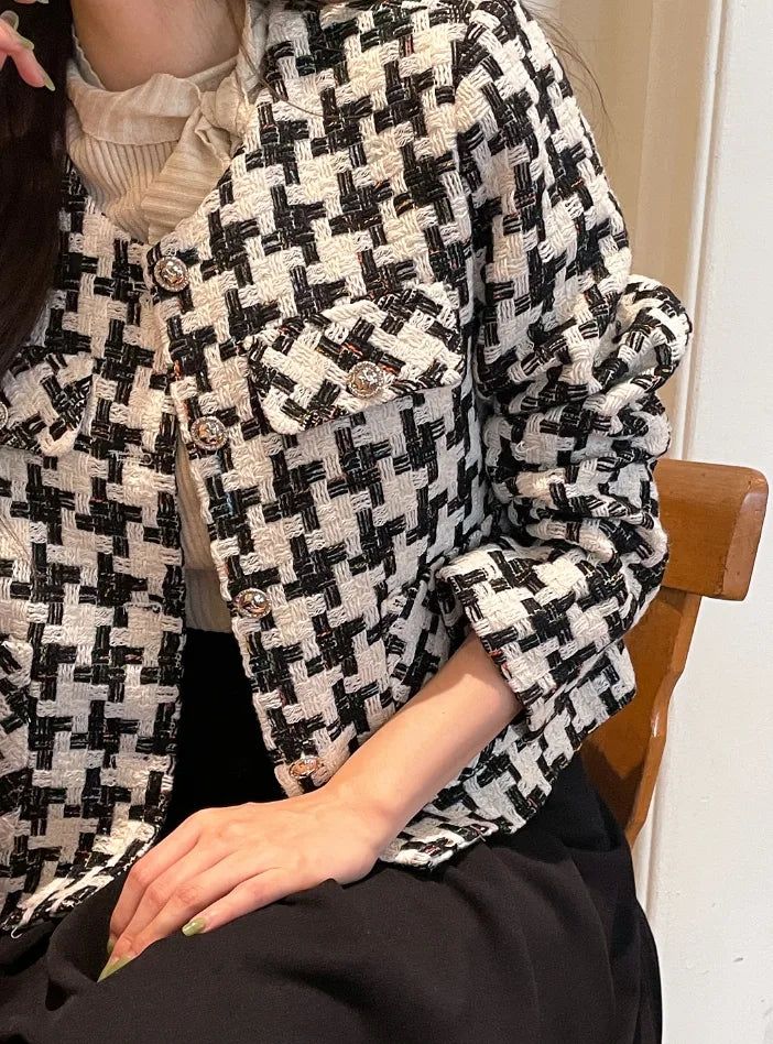 Carson Round-Neck Check Tweed Jacket