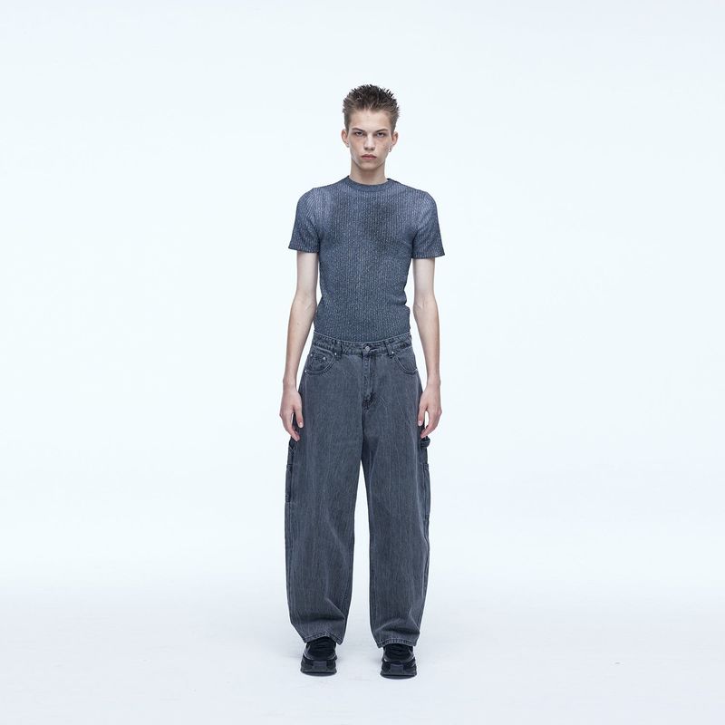 Curved Carpenter Crack Denim Pants Grey