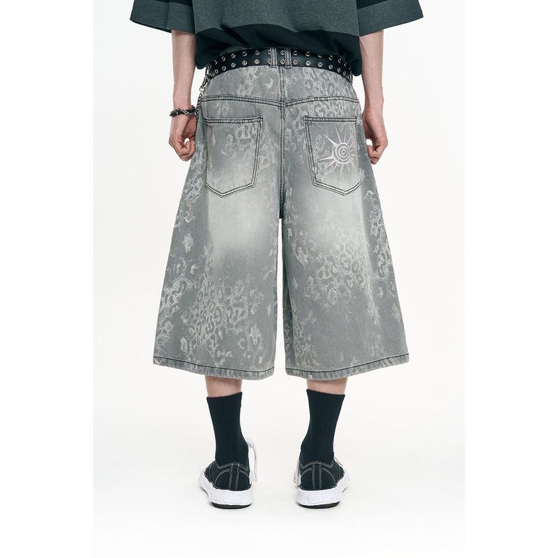 Leopard Bermuda Denim Pants - Grey