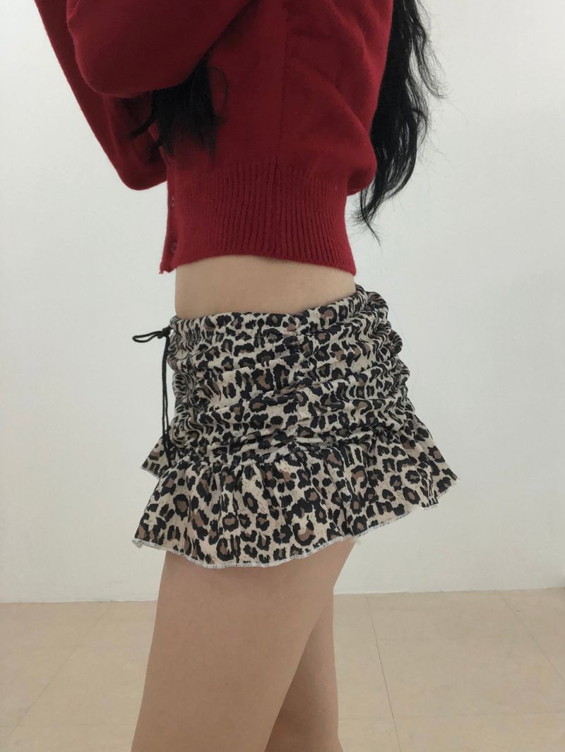 Leopard Shirring Skirt Pants