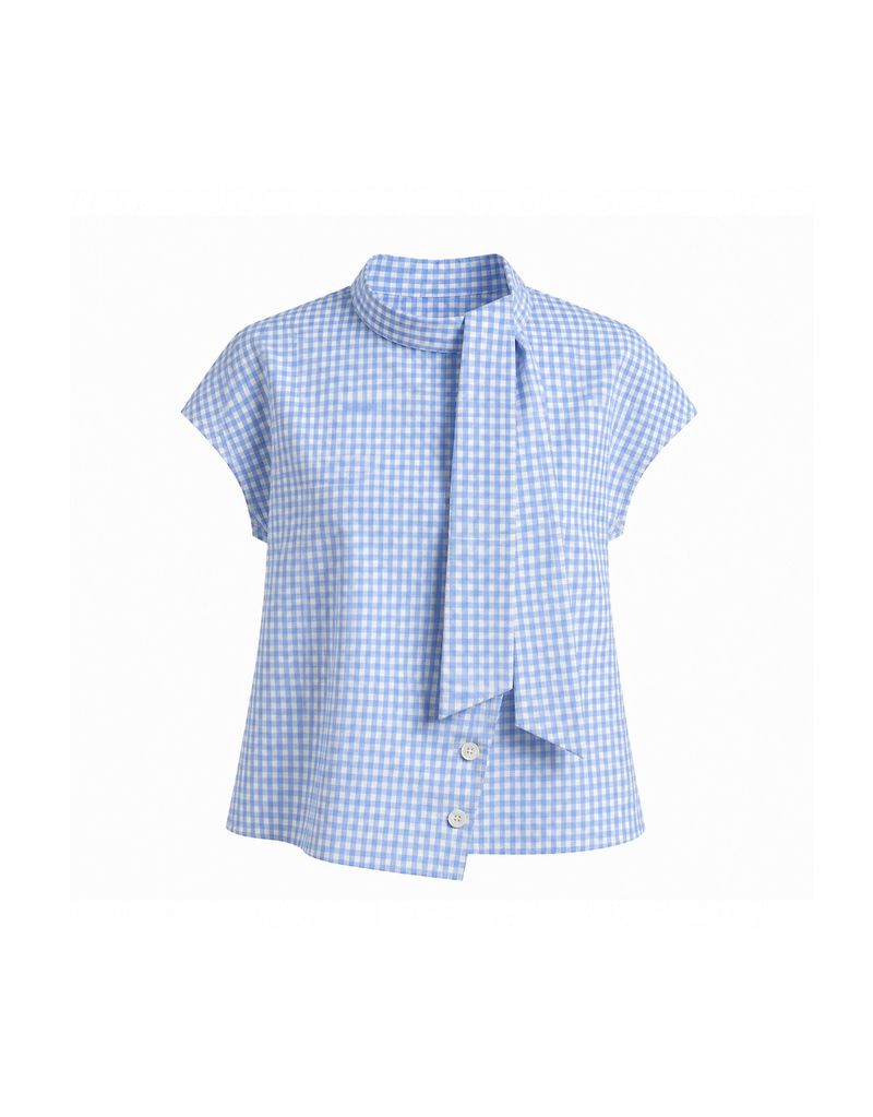 TWEEDY-A（ツウィーディア）の「Lune High Neck Tie Cap Sleeve Shirts Blouse Check Blue（Tops）」