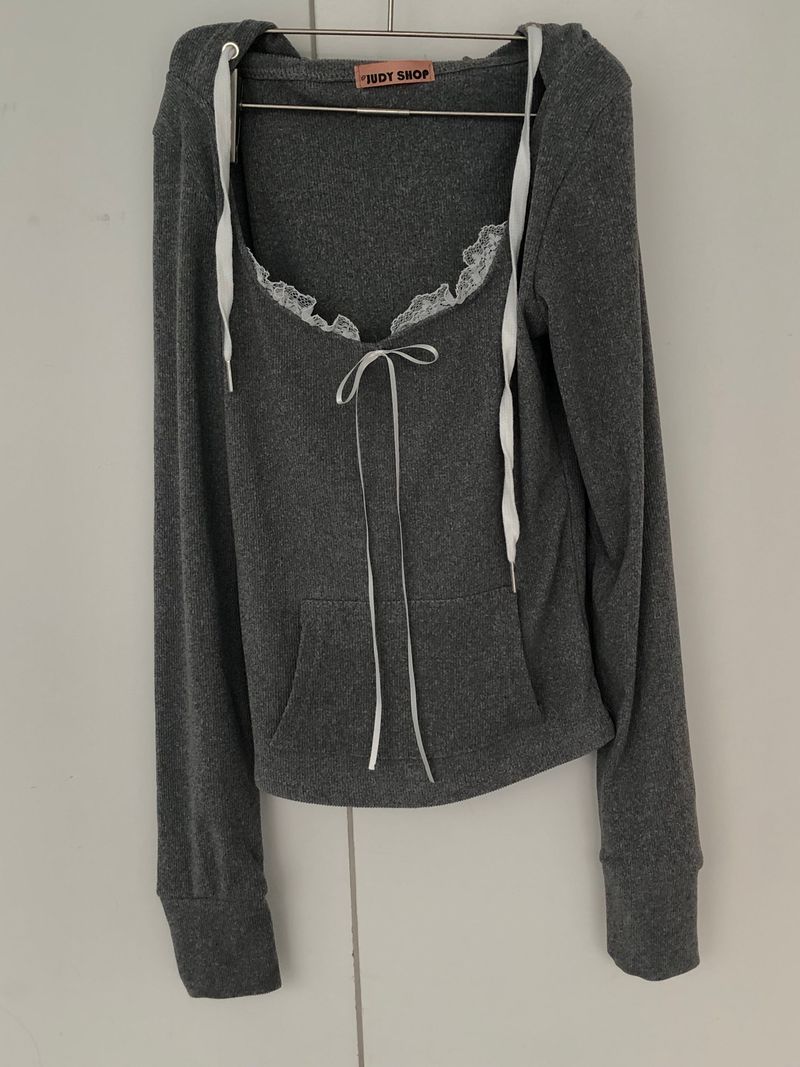 Gray Ribbon Lace Hoodie