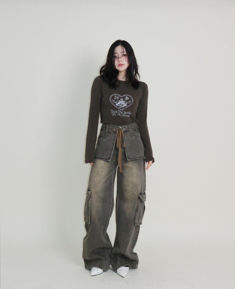 UZYOUNG（ユズヨン）の「キベットハートヴィンテージプリントロングスリーブTシャツ（トップス）」