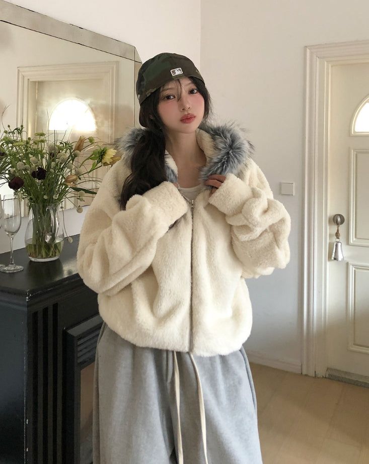 Fame Fleece Raccoon Fur Hooded Zip-Up