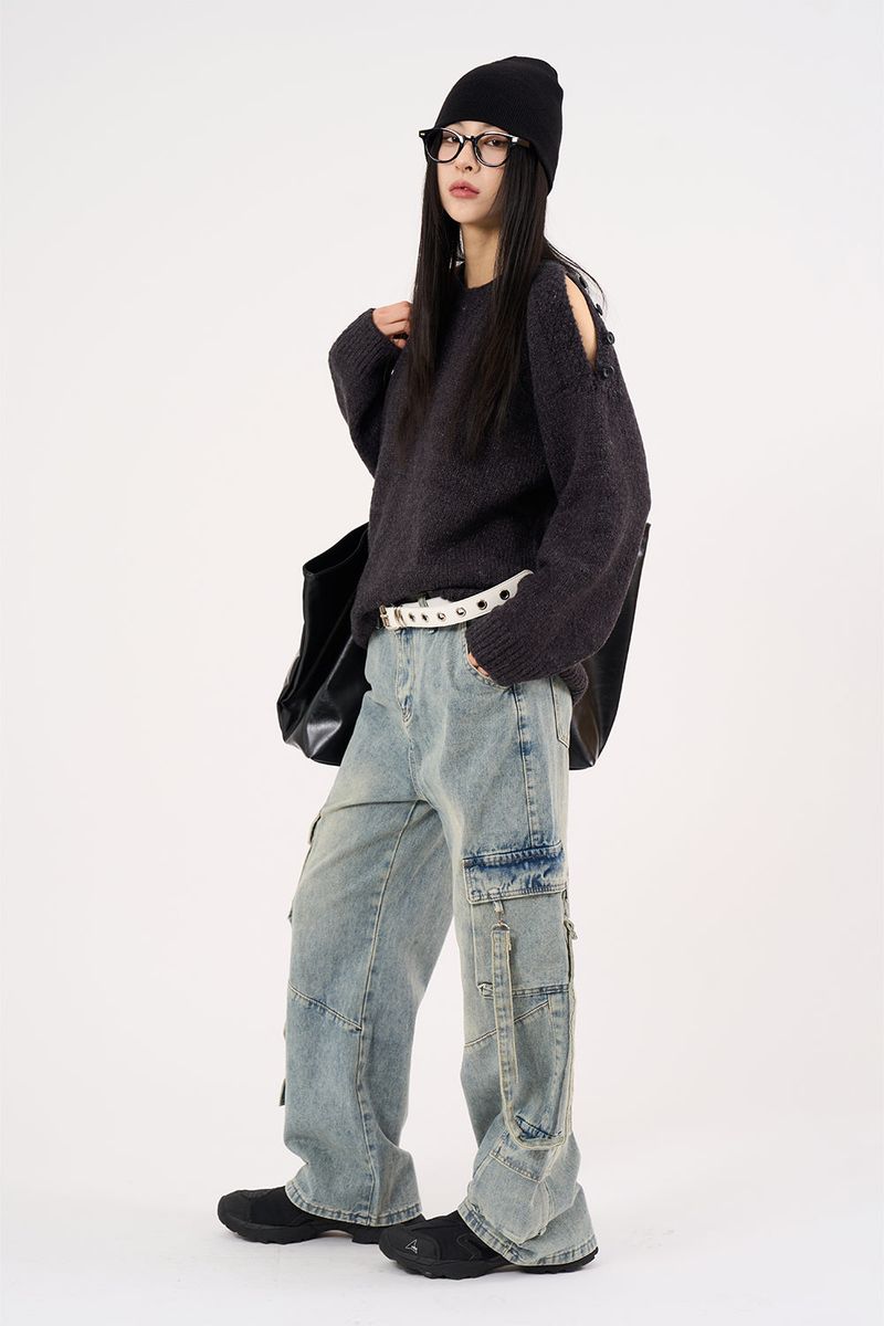 Raglan button open shoulder over-knit