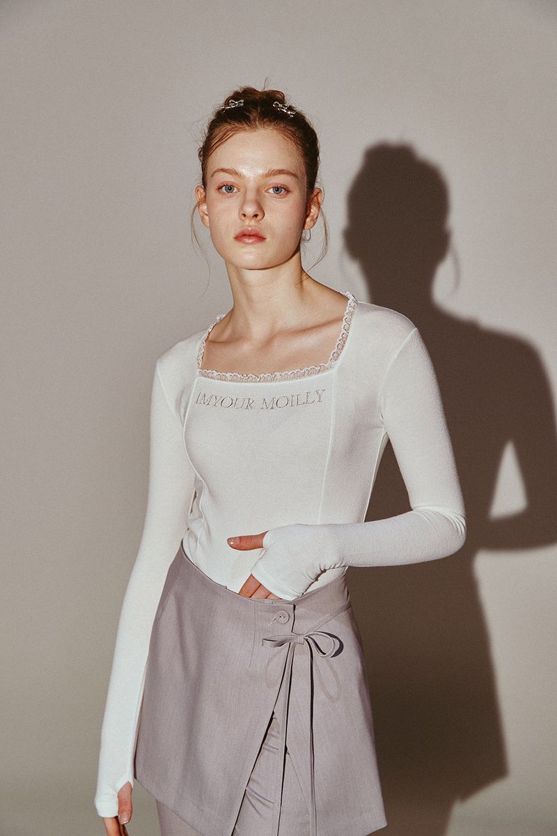 Square Neck Lace Long Sleeve Ivory