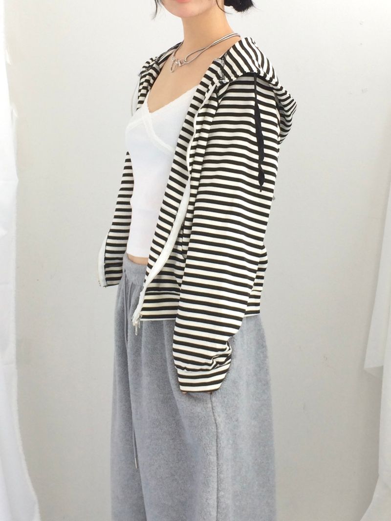 Stripe Semi-Crop Hooded Zip-Up