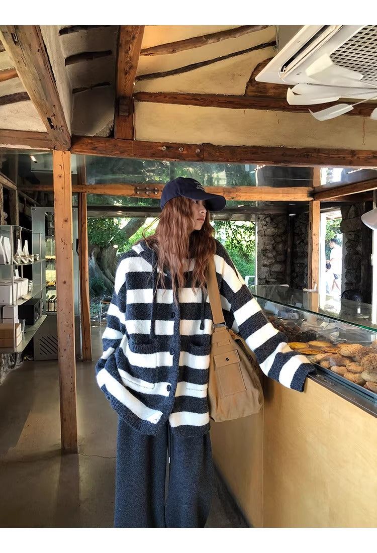wool knit striped hooded over cardigan