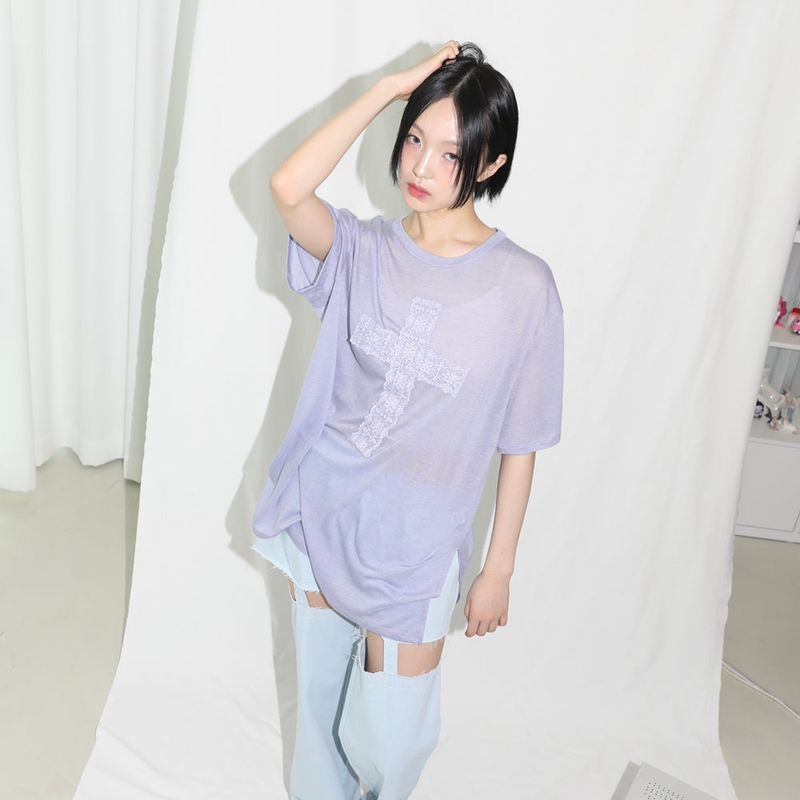 Lace Cross Half T-shirt - BLUE