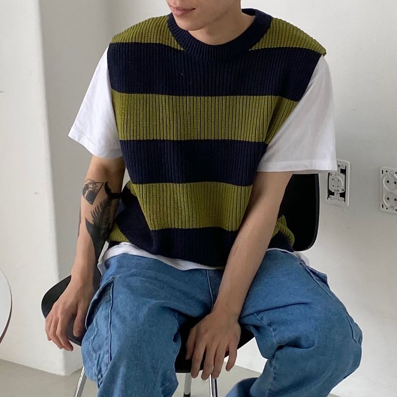 Stripe round neck knit vest 2C
