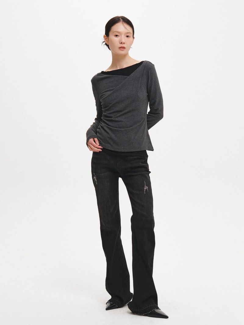 DRAPE SHIRRING LONG SLEEVE T-SHIRT