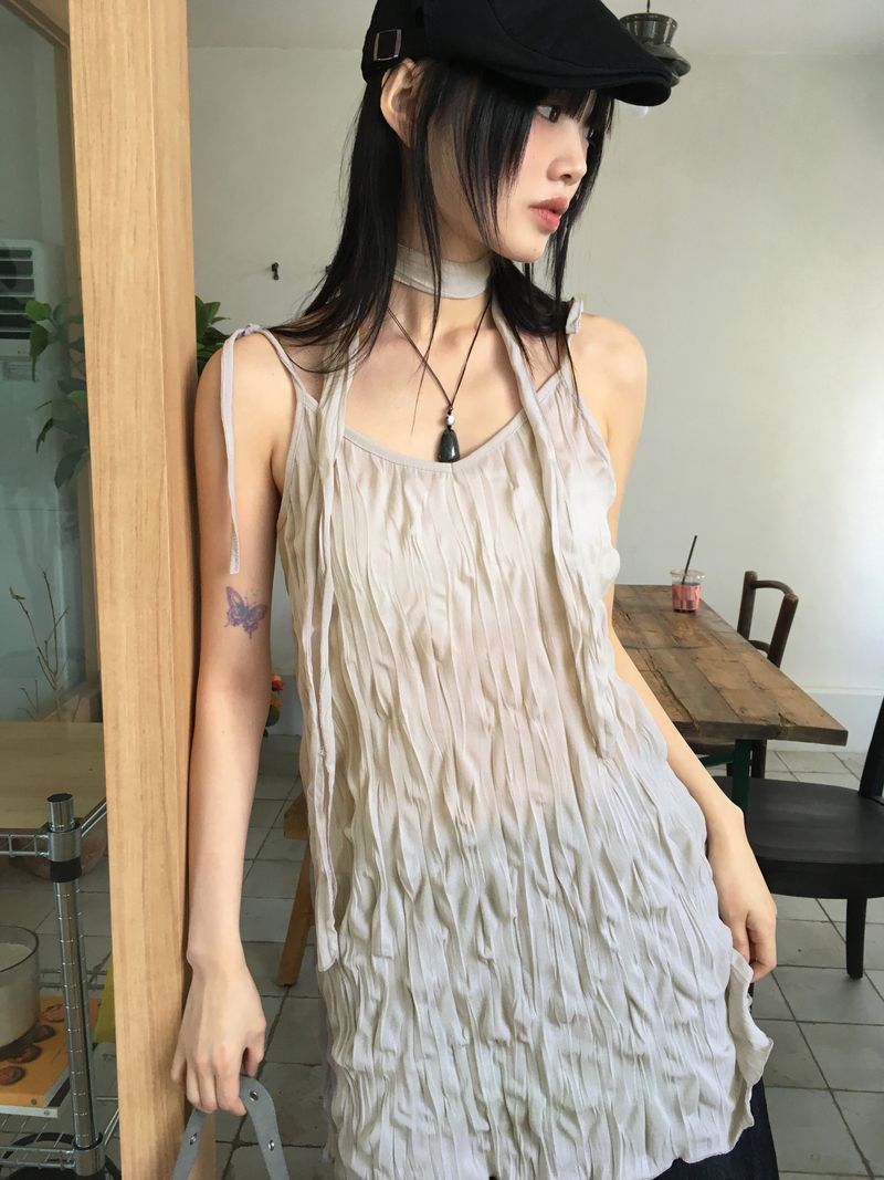 [Muffler set] Lucing Wrinkle Ribbon Strap Sleeveless Dress