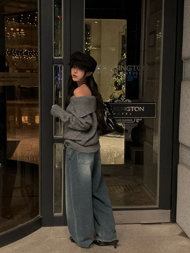 Hins Brushed Washing Denim Wide Pants