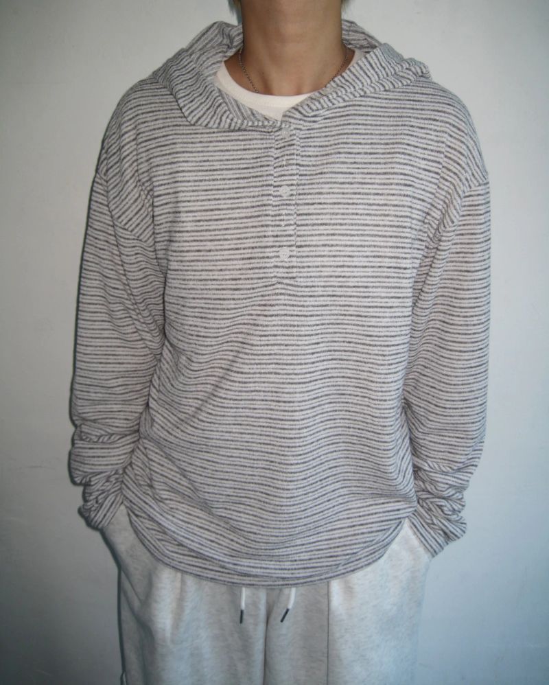 [UNISEX] 1345 Striped Henley Neck Hoodie (4 Colors)