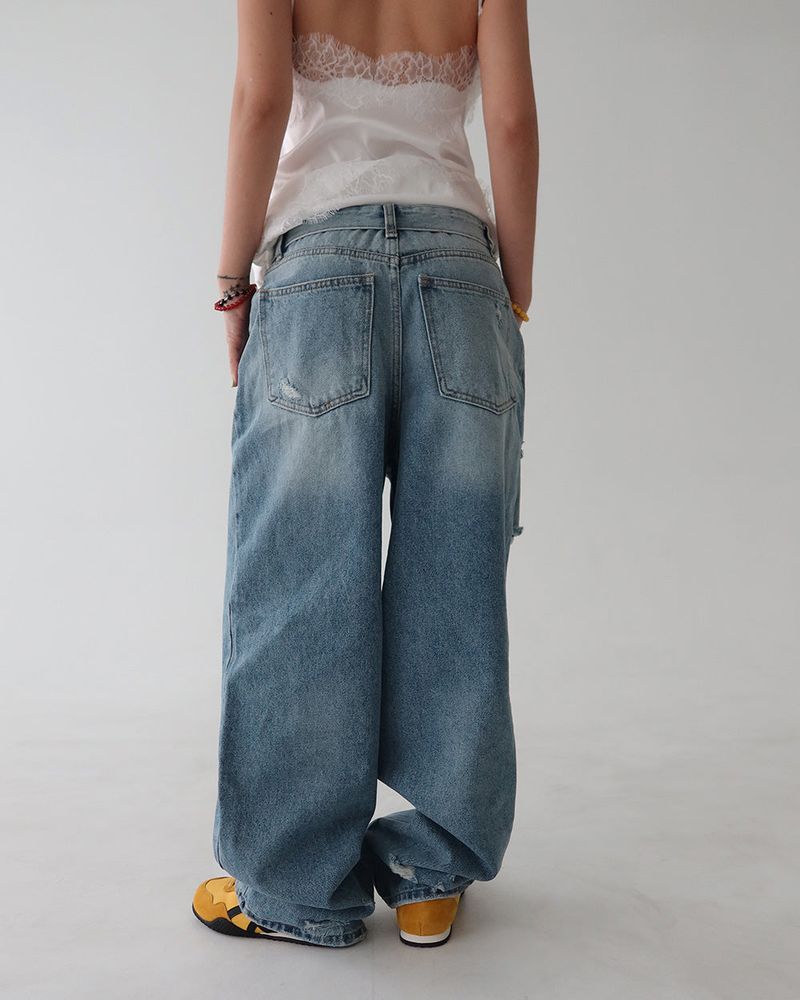 Roll-up collar vintage cutting wide denim